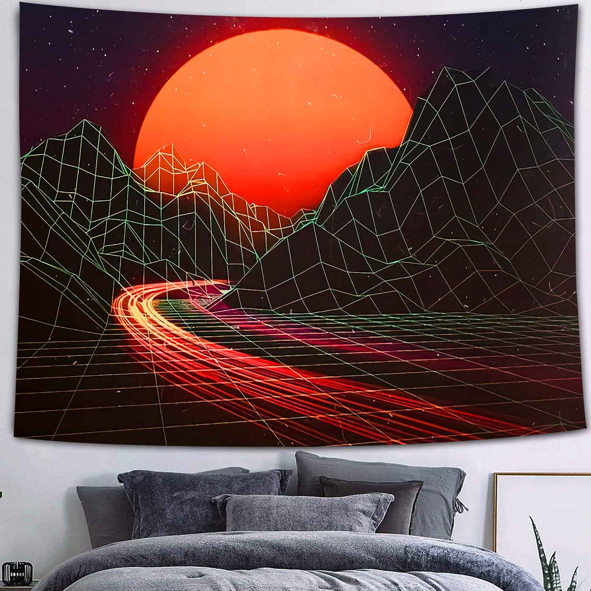 Geometric Car In Mountains Sunset Blacklight Tapestry – DormVibes